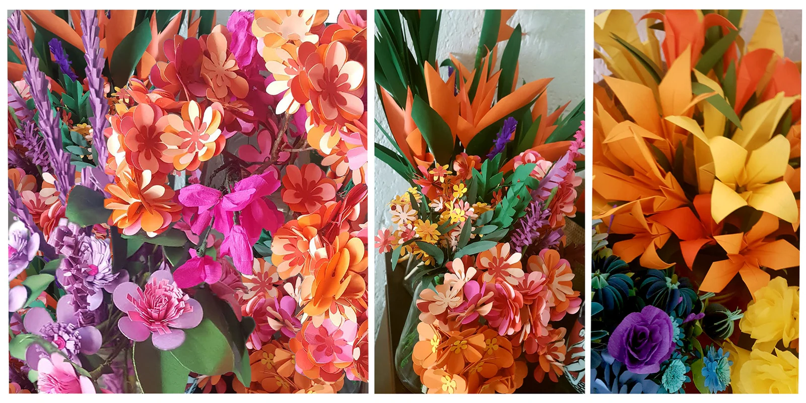 Bright paper flowers in orange, pink and red, in three views