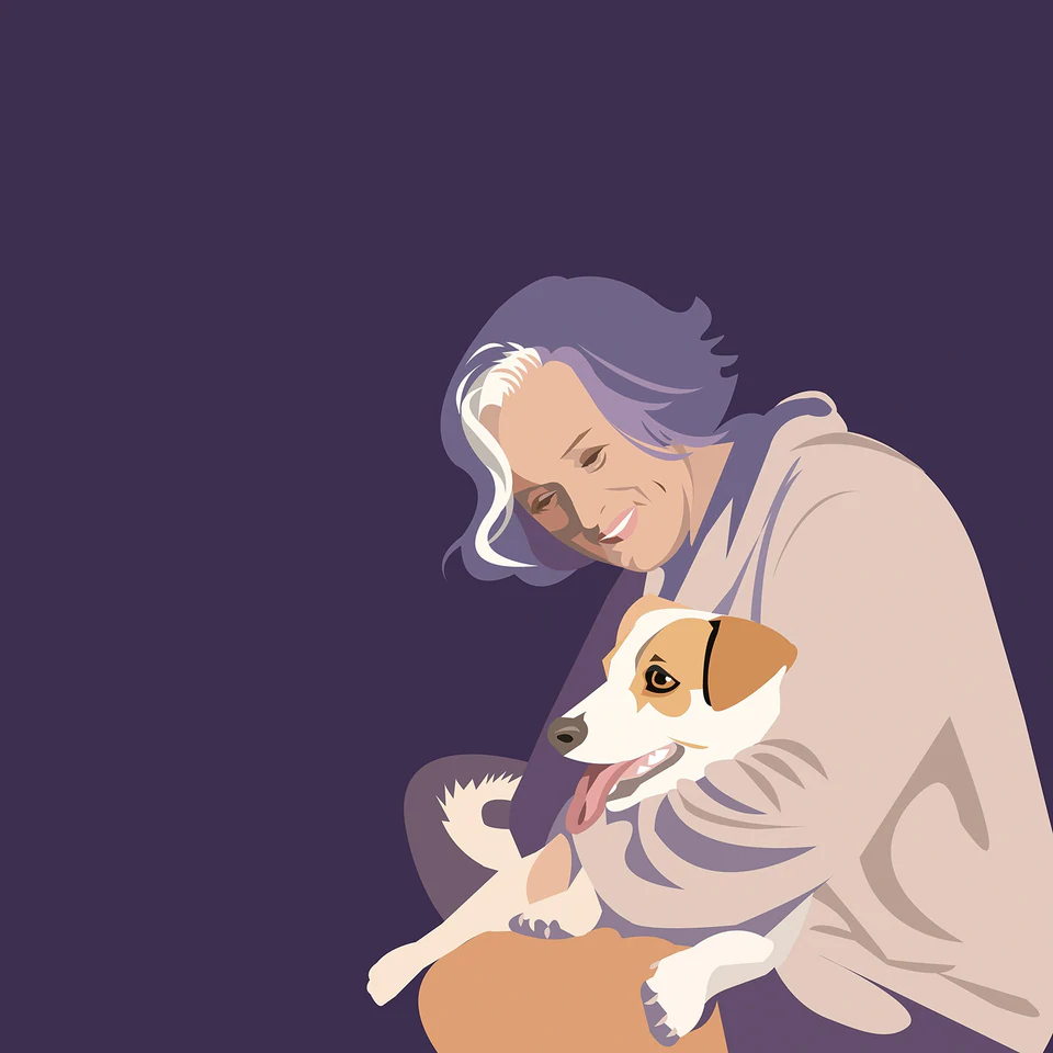 Illustrated self-portrait of the artist holding a Jack Russell, on a deep purple background